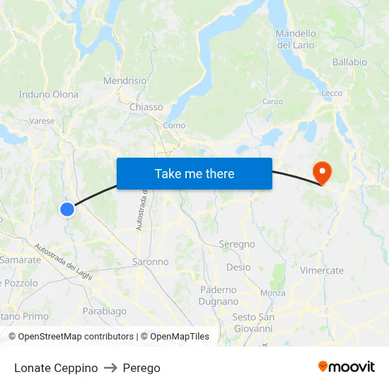 Lonate Ceppino to Perego map