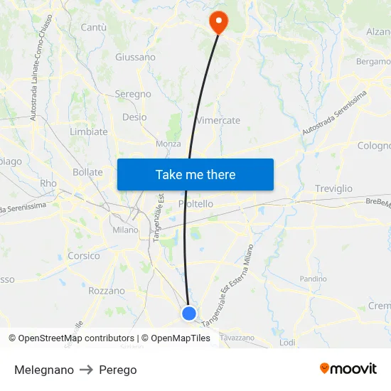 Melegnano to Perego map