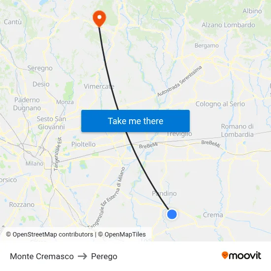 Monte Cremasco to Perego map