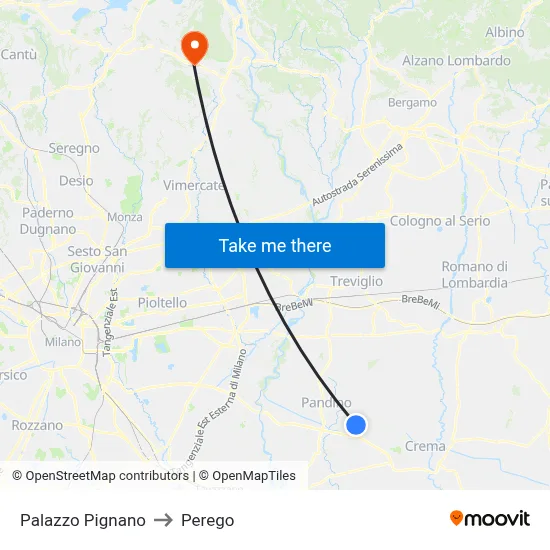 Palazzo Pignano to Perego map