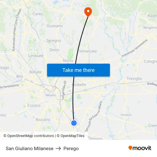 San Giuliano Milanese to Perego map