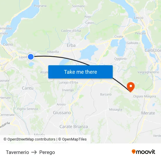 Tavernerio to Perego map