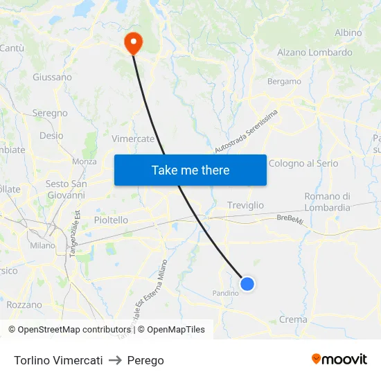 Torlino Vimercati to Perego map