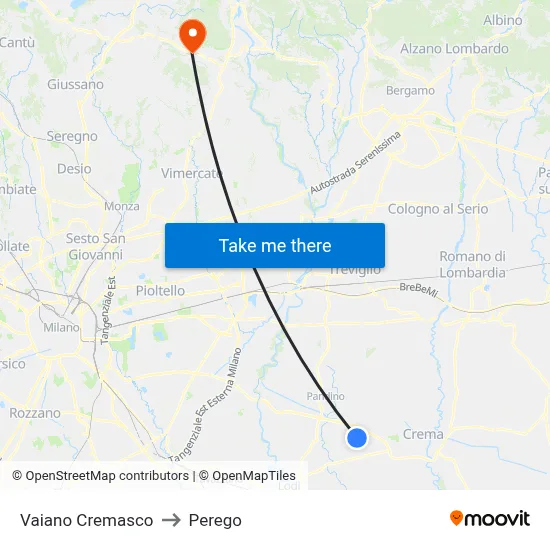 Vaiano Cremasco to Perego map