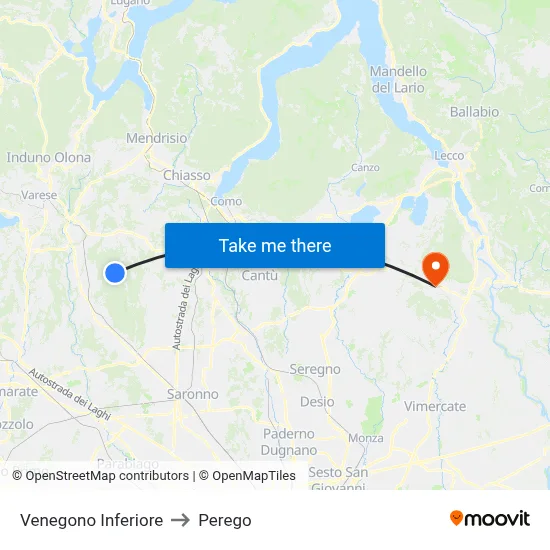 Venegono Inferiore to Perego map