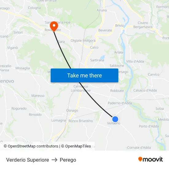 Verderio Superiore to Perego map