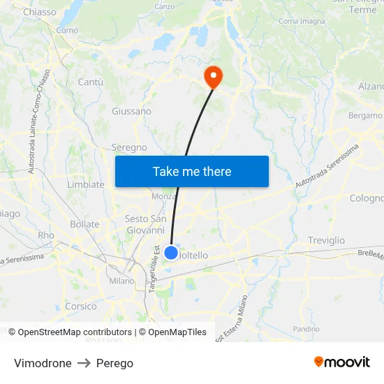 Vimodrone to Perego map