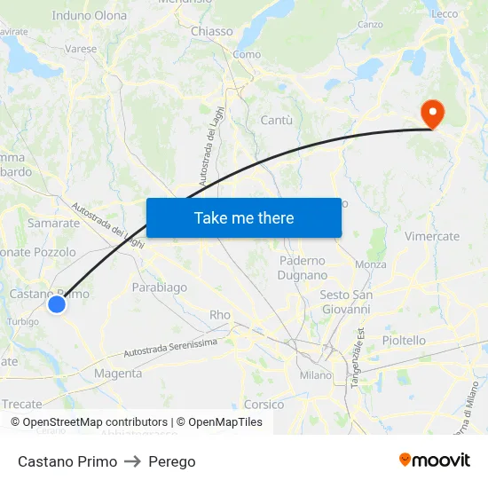 Castano Primo to Perego map