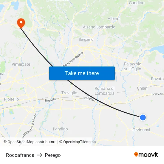 Roccafranca to Perego map