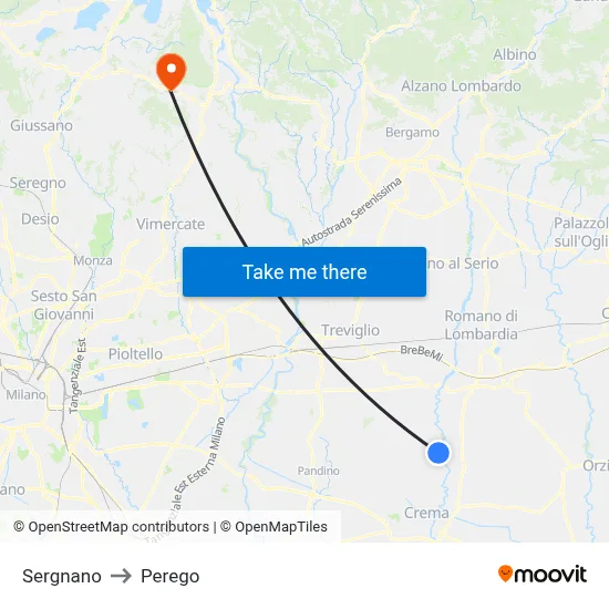 Sergnano to Perego map