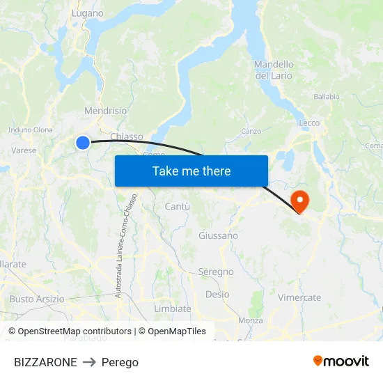 Bizzarone to Perego map