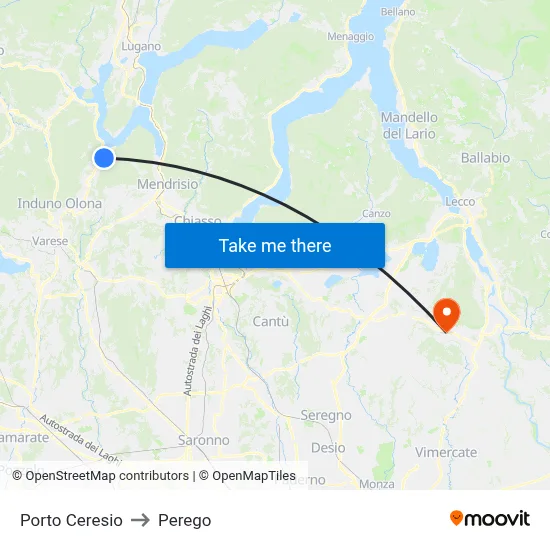 Porto Ceresio to Perego map