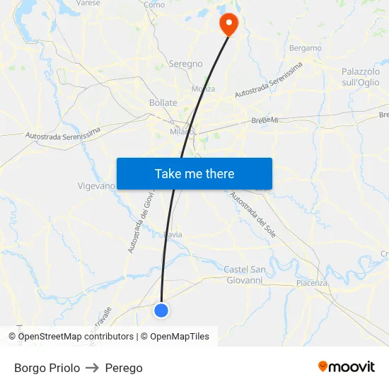 Borgo Priolo to Perego map