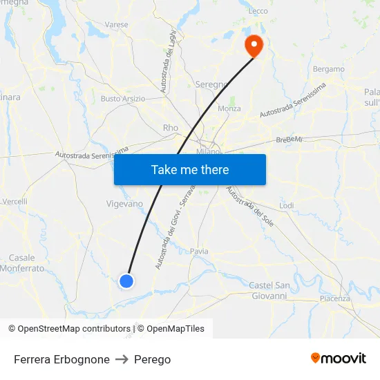 Ferrera Erbognone to Perego map