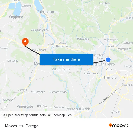 Mozzo to Perego map