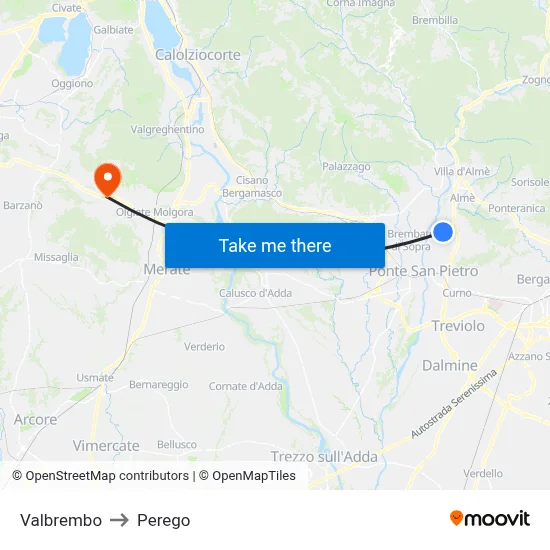 Valbrembo to Perego map