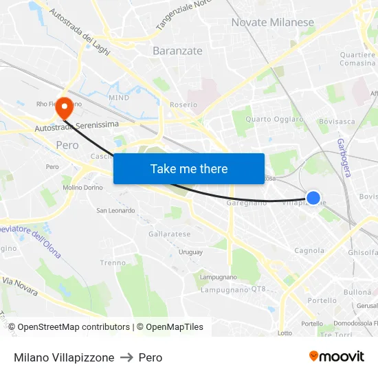 Milan Villapizzone to Pero map