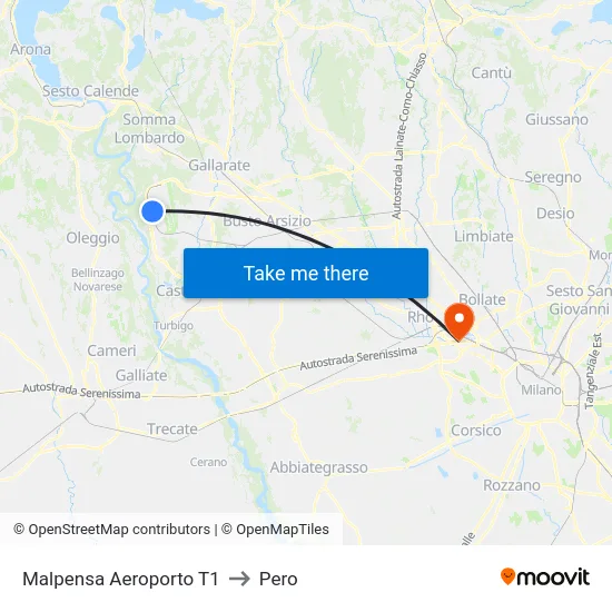 Malpensa Aeroporto T1 to Pero map