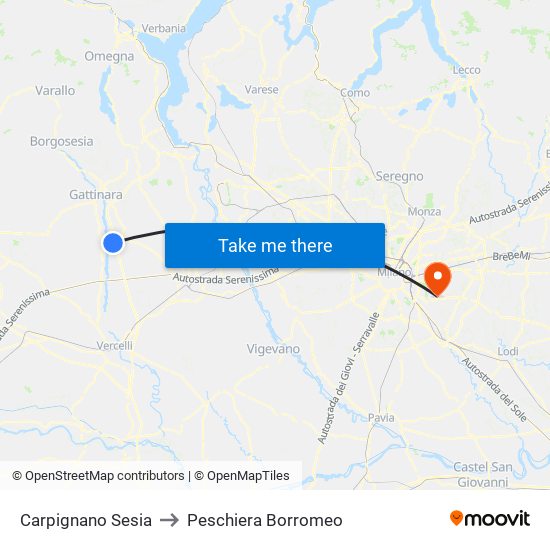 Carpignano Sesia to Peschiera Borromeo map