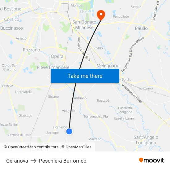 Ceranova to Peschiera Borromeo map