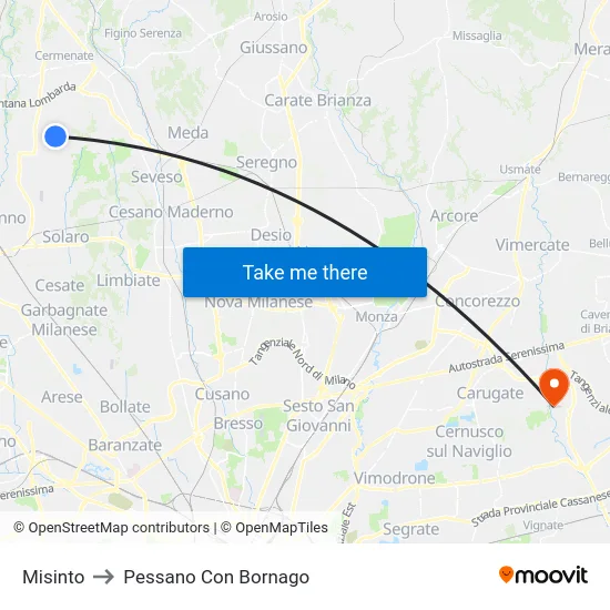 Misinto to Pessano Con Bornago map