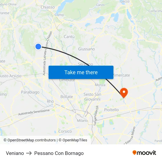 Veniano to Pessano Con Bornago map