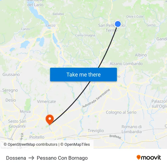 Dossena to Pessano Con Bornago map