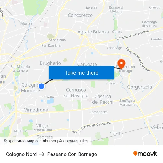 Cologno Nord to Pessano Con Bornago map
