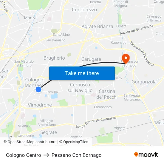 Cologno Center to Pessano Con Bornago map