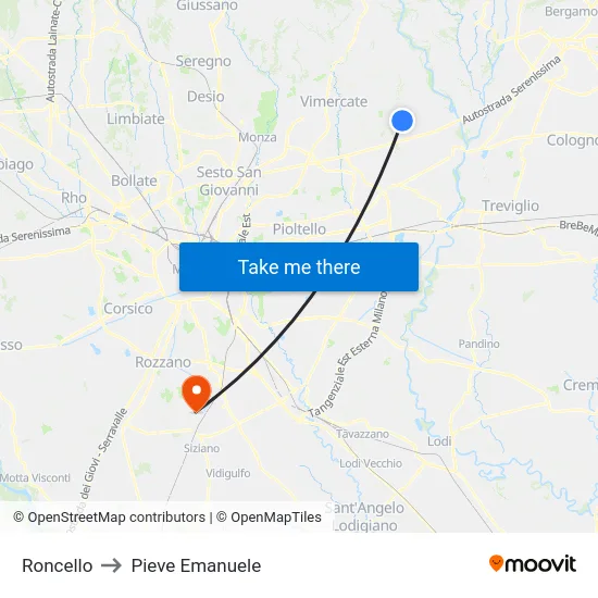 Roncello to Pieve Emanuele map
