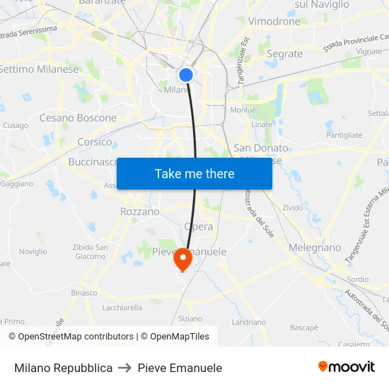 Milano Repubblica to Pieve Emanuele map