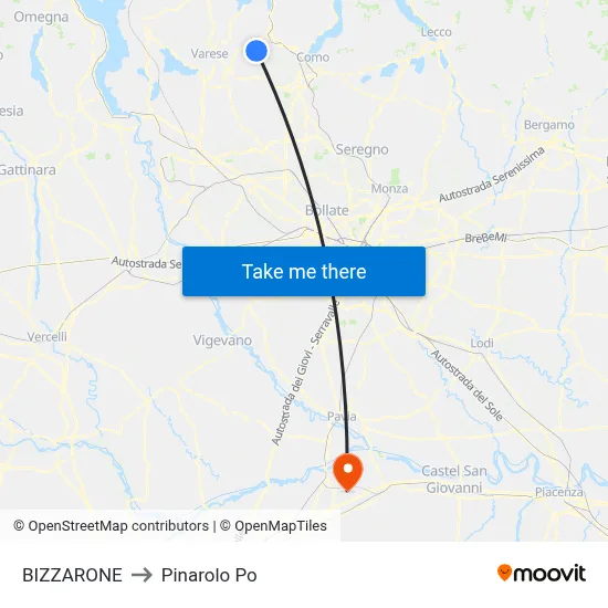 Bizzarone to Pinarolo Po map