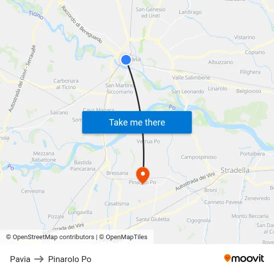 Pavia to Pinarolo Po map