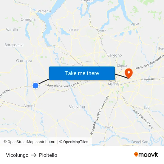 Vicolungo to Pioltello map