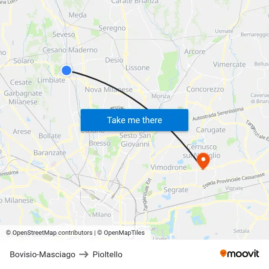 Bovisio-Masciago to Pioltello map