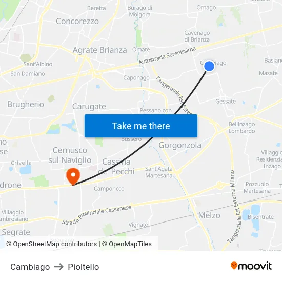 Cambiago to Pioltello map