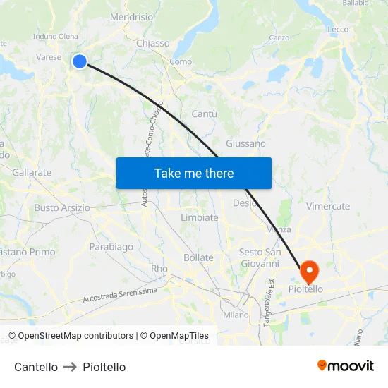 Cantello to Pioltello map
