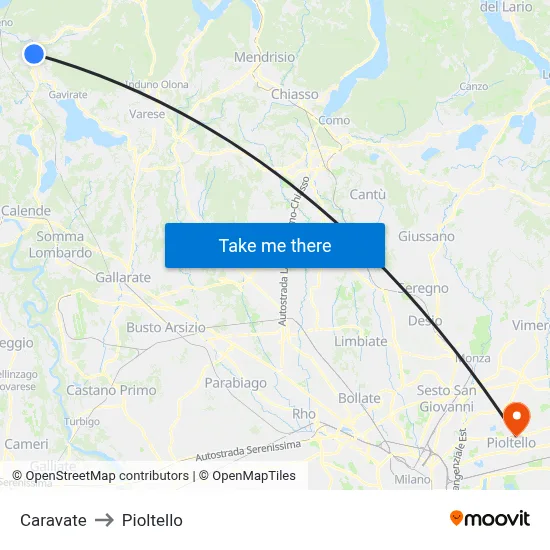 Caravate to Pioltello map
