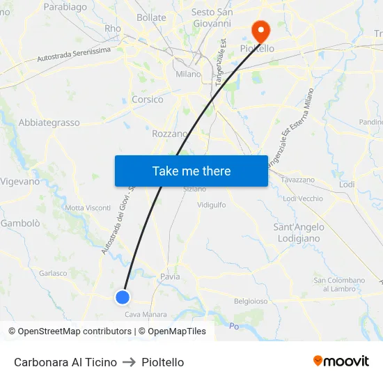 Carbonara Al Ticino to Pioltello map