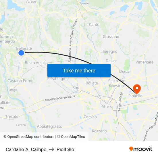 Cardano Al Campo to Pioltello map