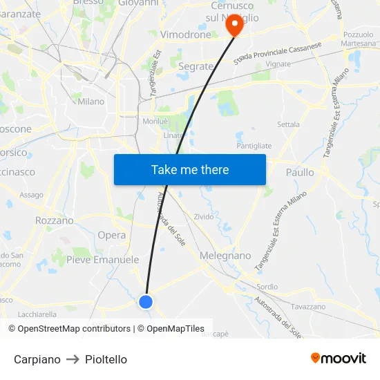 Carpiano to Pioltello map