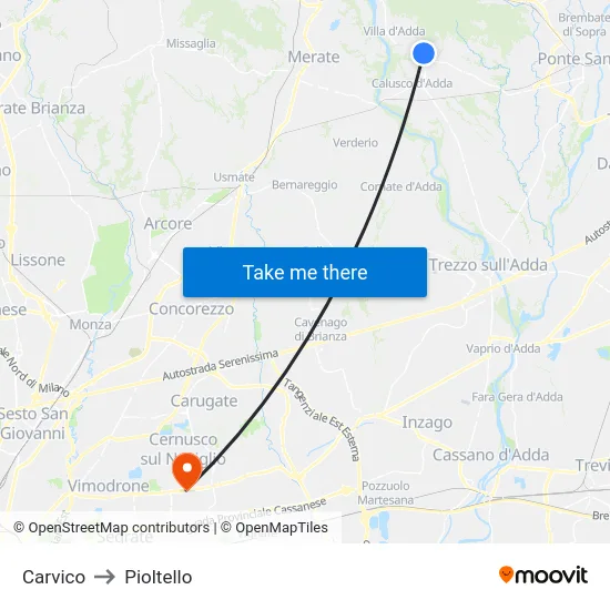 Carvico to Pioltello map