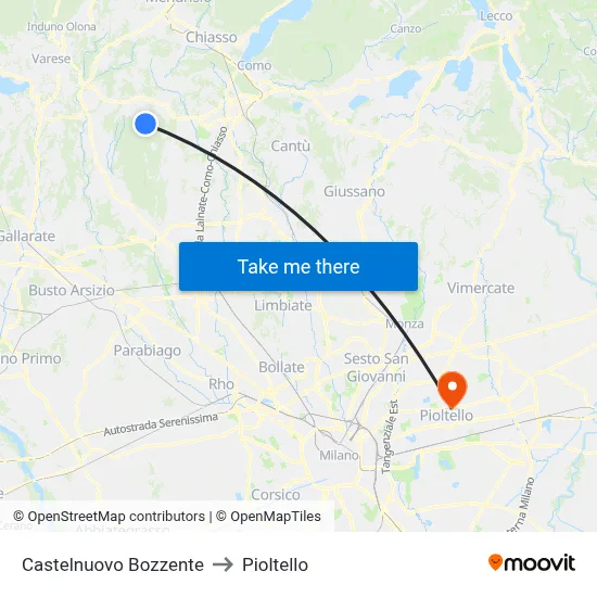 Castelnuovo Bozzente to Pioltello map