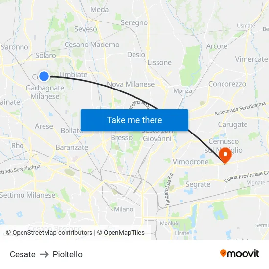 Cesate to Pioltello map