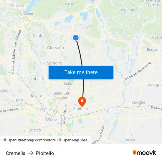 Cremella to Pioltello map