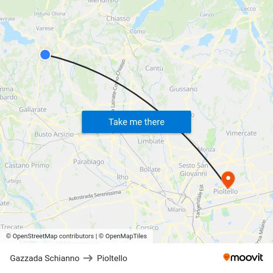Gazzada Schianno to Pioltello map