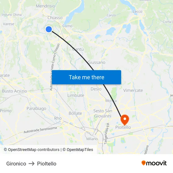 Gironico to Pioltello map