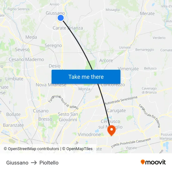 Giussano to Pioltello map