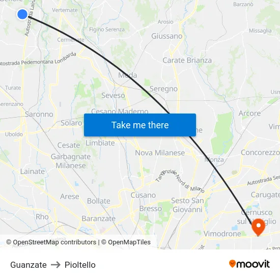 Guanzate to Pioltello map