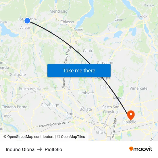 Induno Olona to Pioltello map